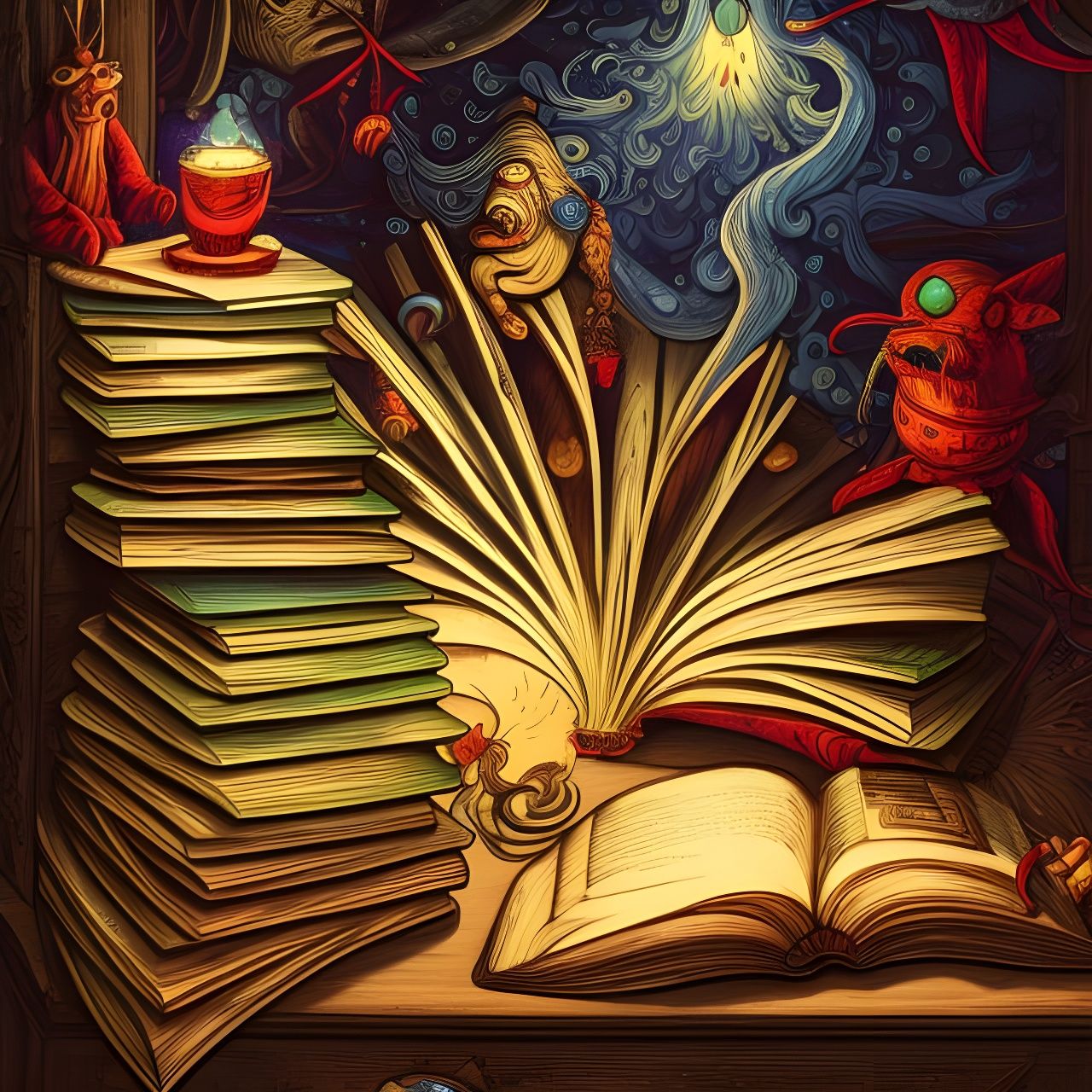 Ornate Books on Wooden Table: Digital Illustration