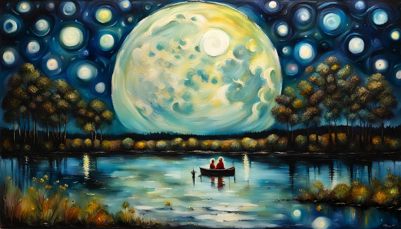 Encaustic Night Scene with Gigantic Moon and Lights