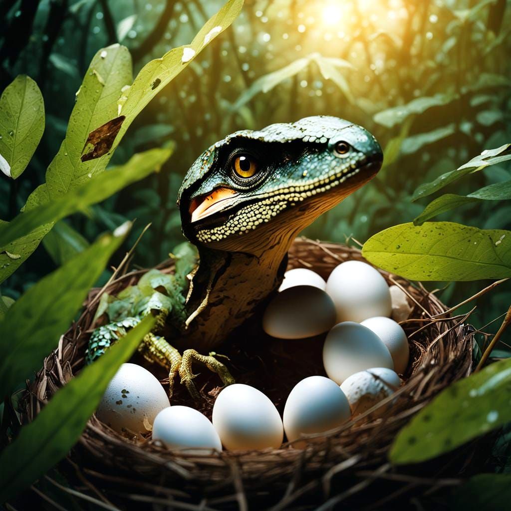 Dinosaur Motherhood in a Prehistoric Jungle Scene