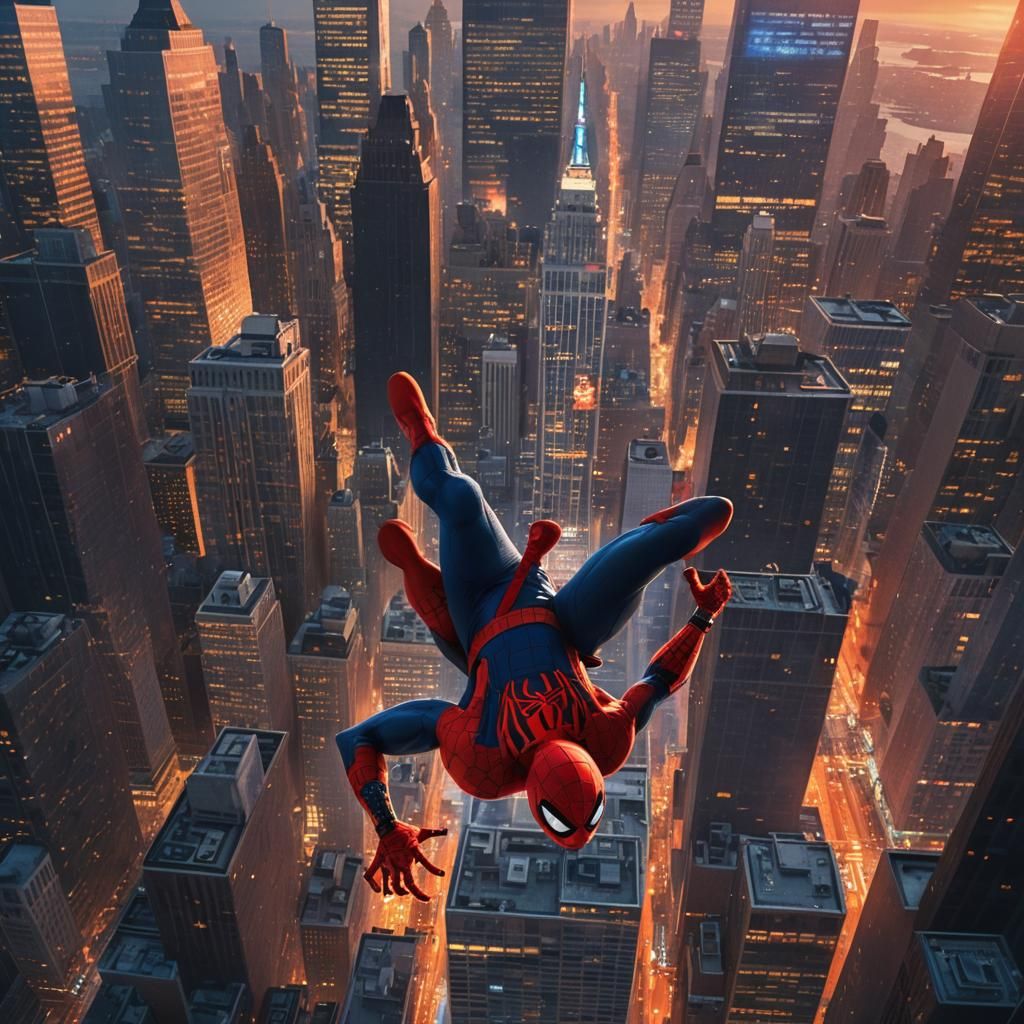 Spider-Man Swings Through Manhattan at Sunset