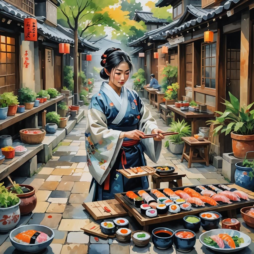 Gourmet Street Sushi Prepared in Gouache Style