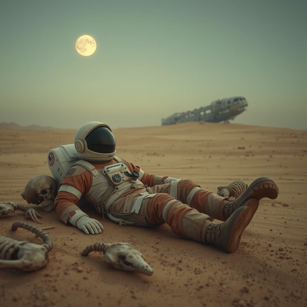 Lost Astronaut on Barren Planet in Desaturated Style