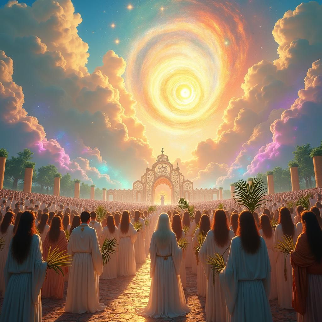 Celestial Multitude Before Ethereal Throne in Dreamlike Styl...