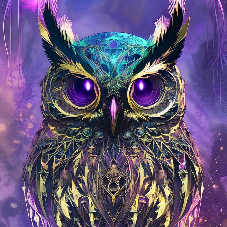 Purple Owl Portrait with Bronze Outlines