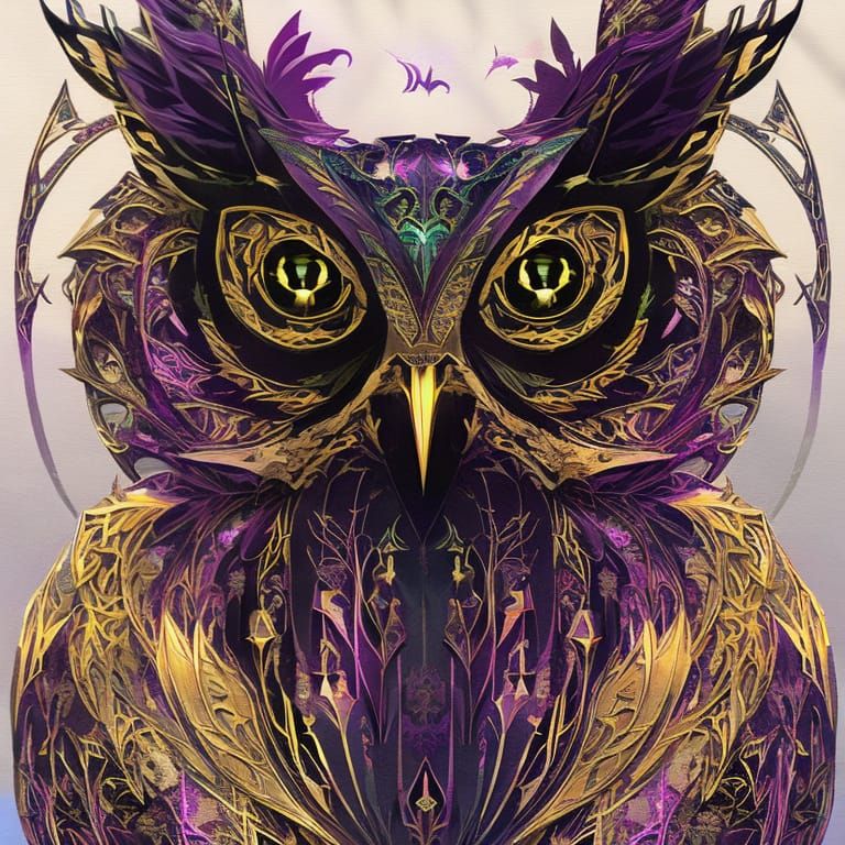 Purple Owl Portrait with Bronze Outlines