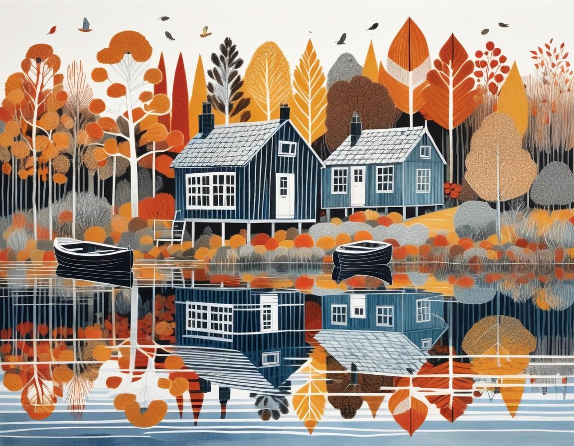 Autumn Cabins on Lake: Woodblock Print Art