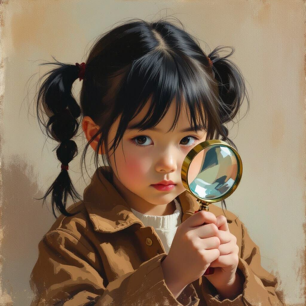 Curious Chinese Girl with Magnifying Glass in Oil Painting S...