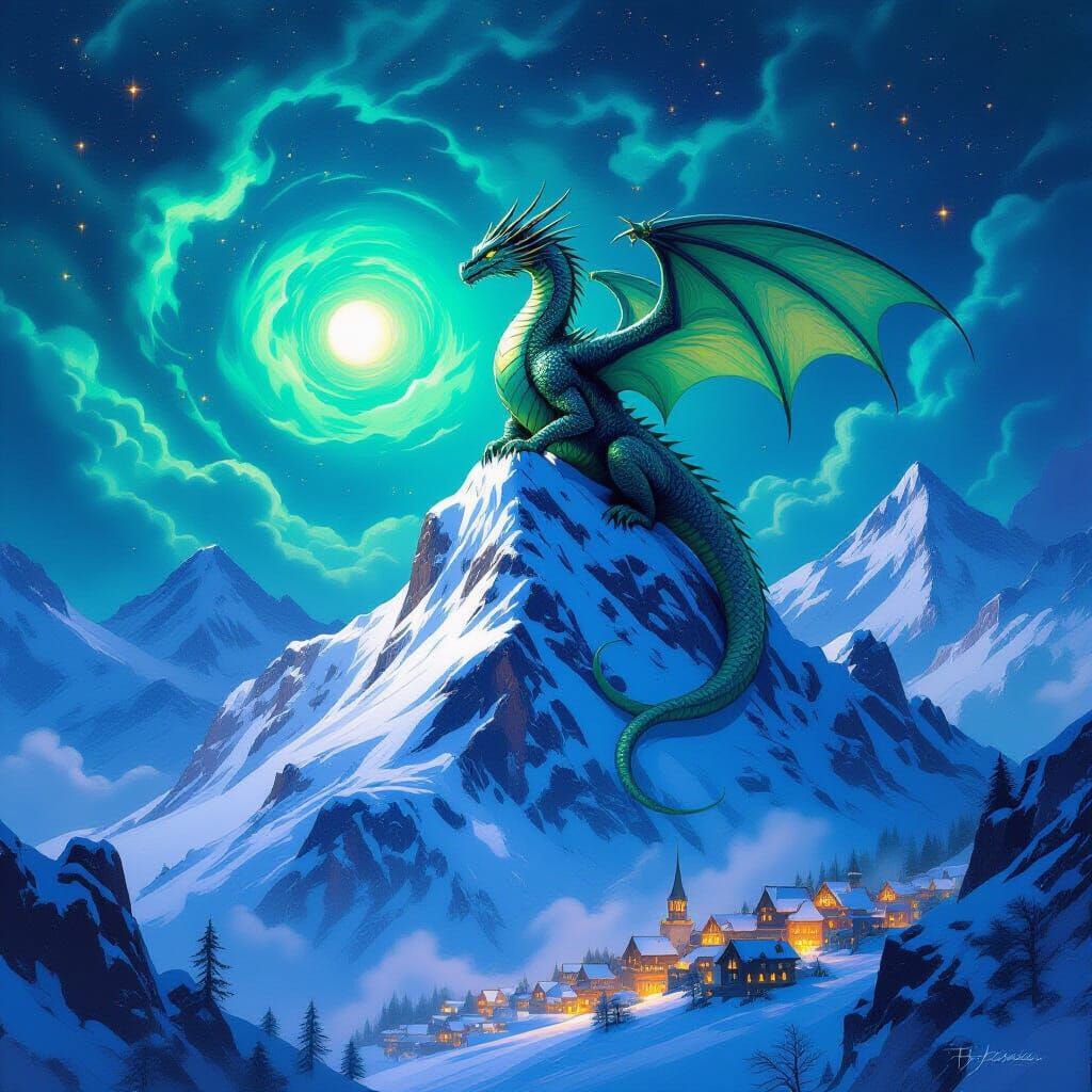 Majestic Dragon on Snowy Peak Overlit Village
