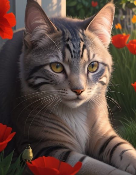 Elegant Cat and Butterfly in Sunlit Poppy Garden