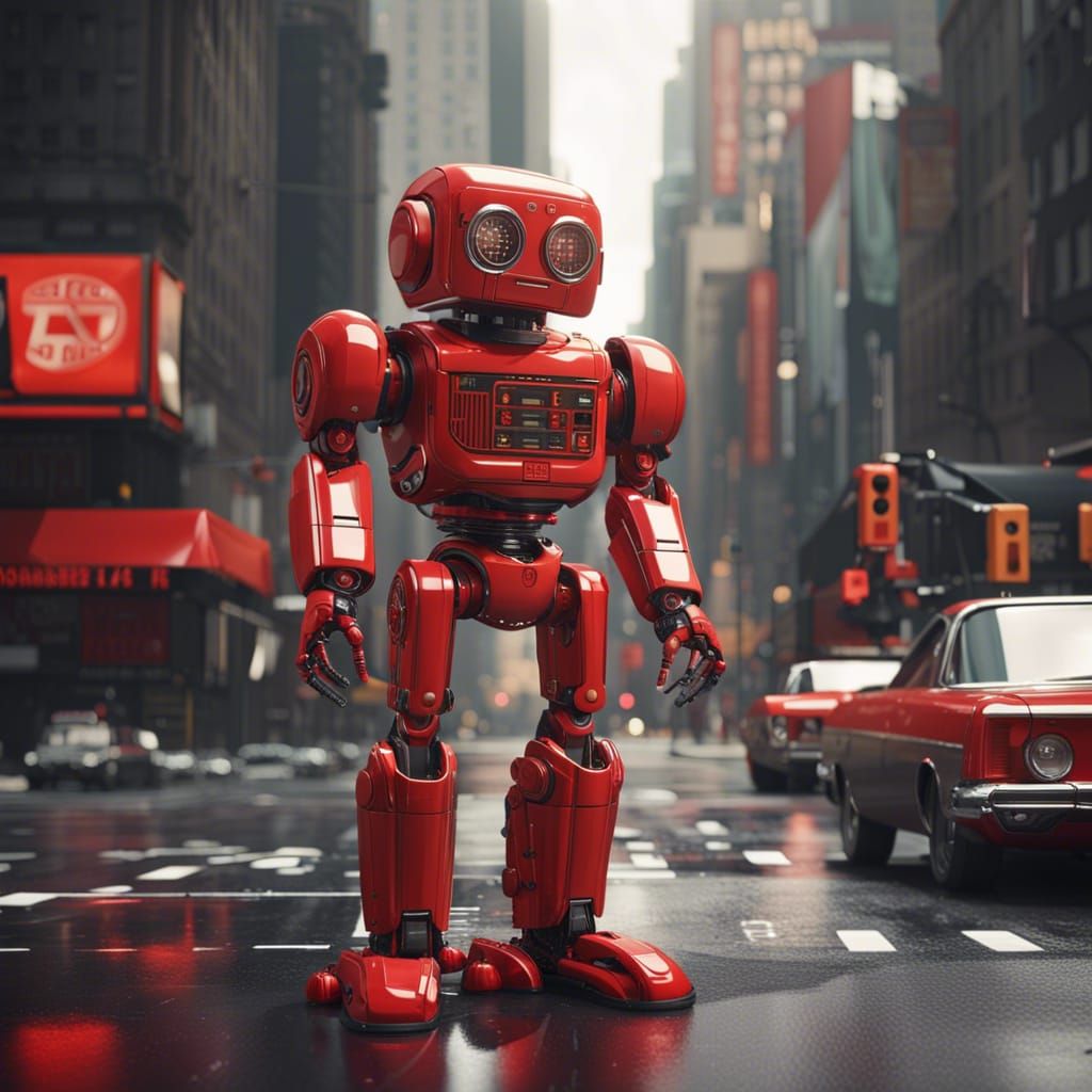 Red Robot in 1970s New York, Sci-Fi Render