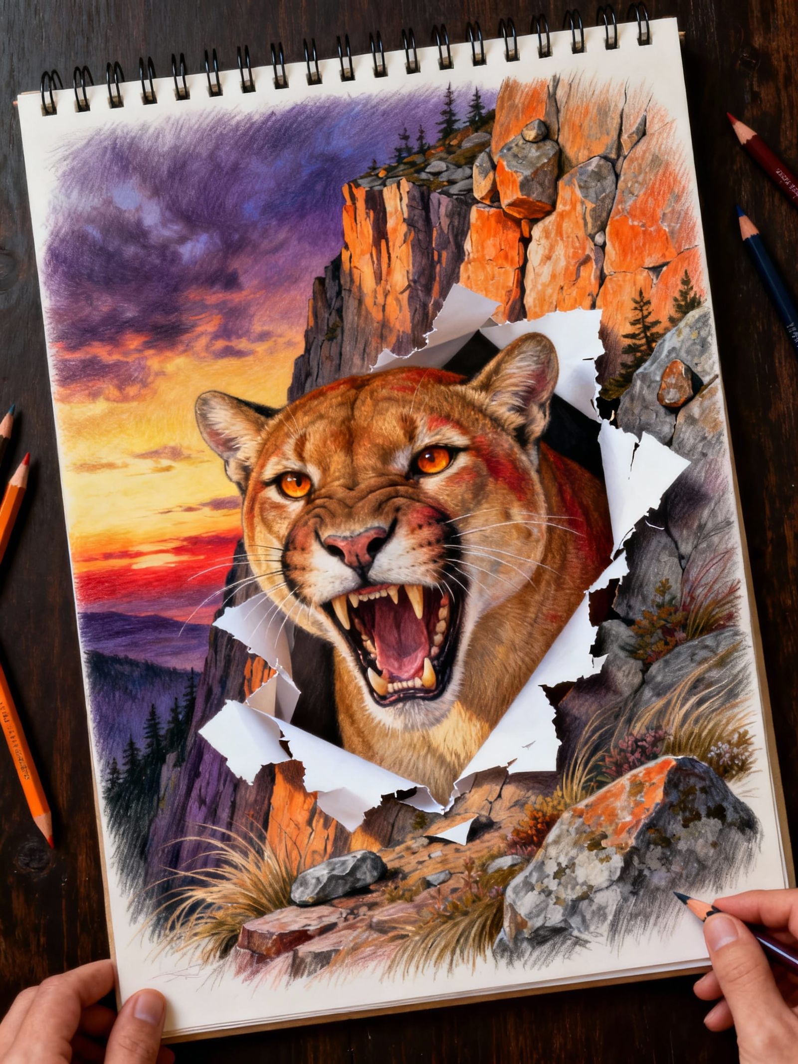 Aggressive Mountain Lion Drawing with 3D Paper Tear Effect
