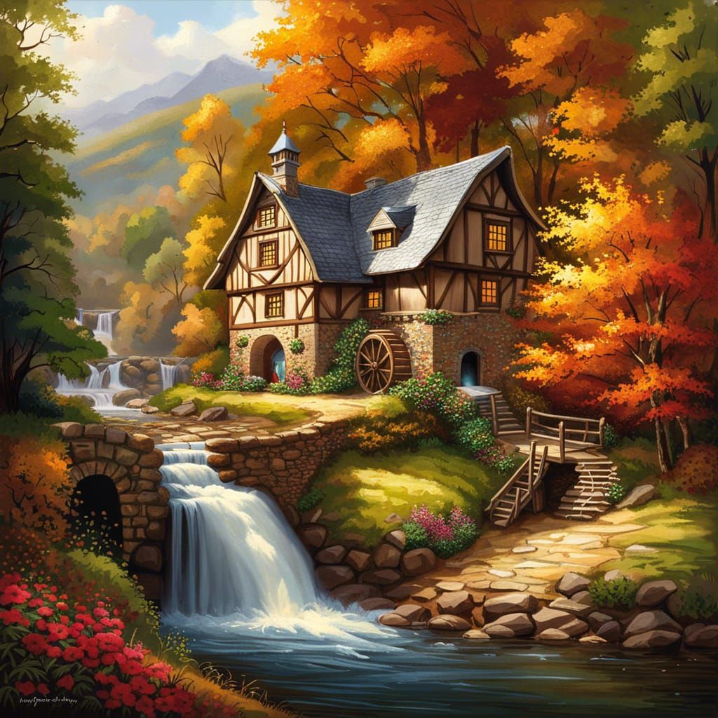 Fantasy Watermill Landscape in Expressionist Style