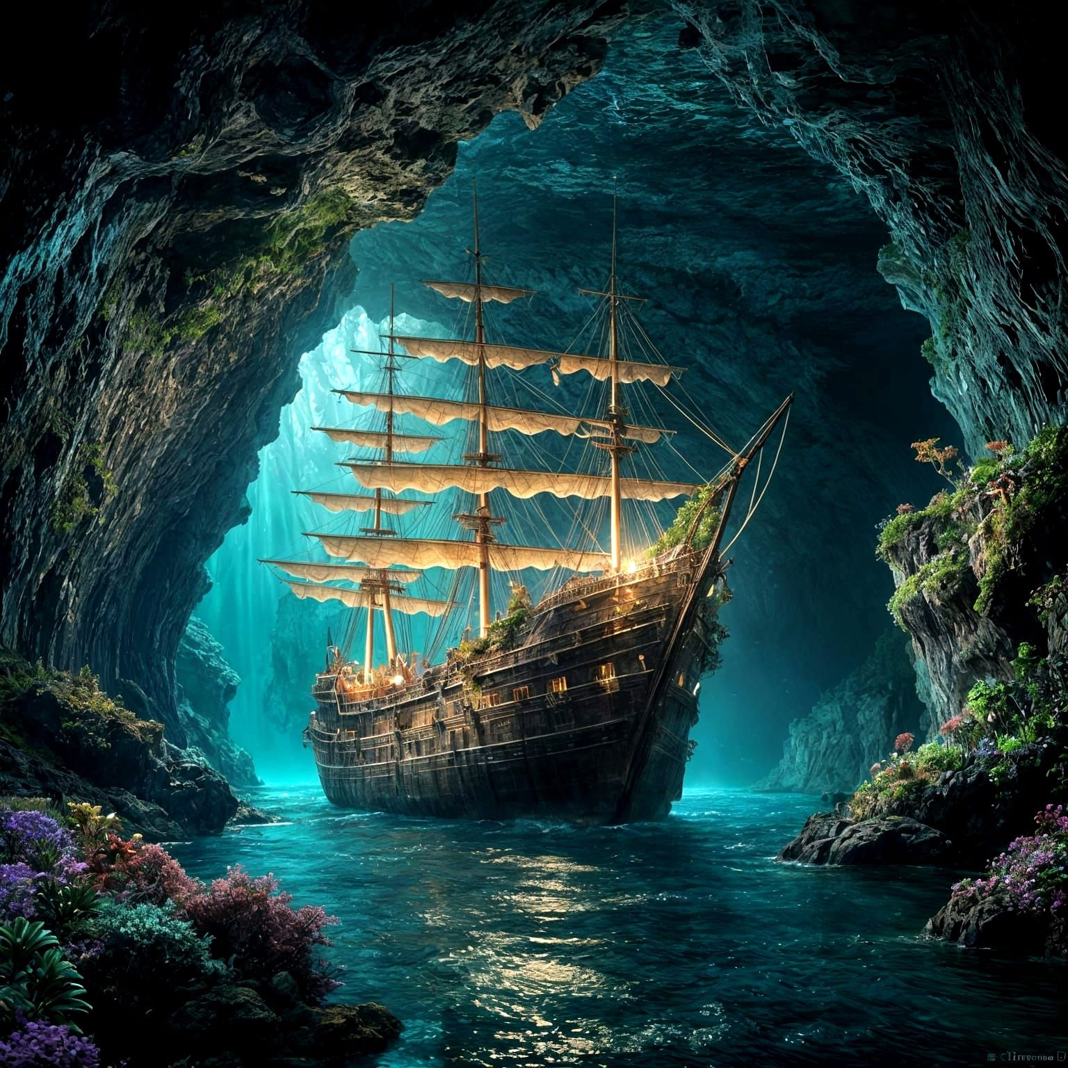 Mystical Underwater Ship in a Radiant Cave