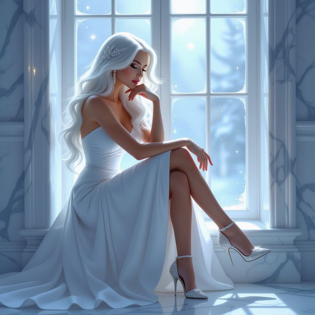 Ethereal Woman with Silver-Gold Hair by Luminous Window