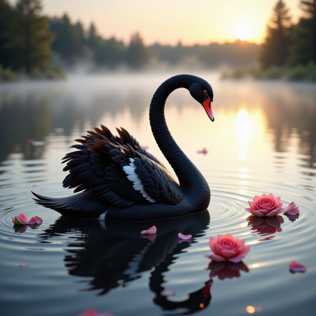 Black, White, and Red Swan on Lake at Dawn