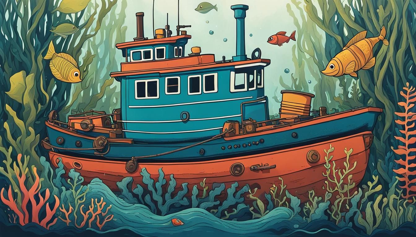 Sunken Tugboat in Kelp Forest: Ink Poster Art