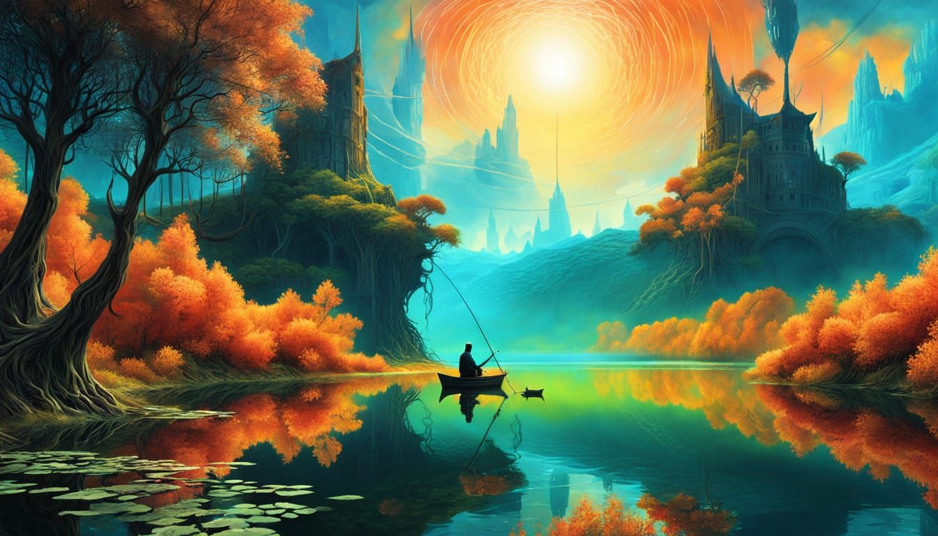 Young Man Fishing by Lake in Surreal Bioluminescent Style