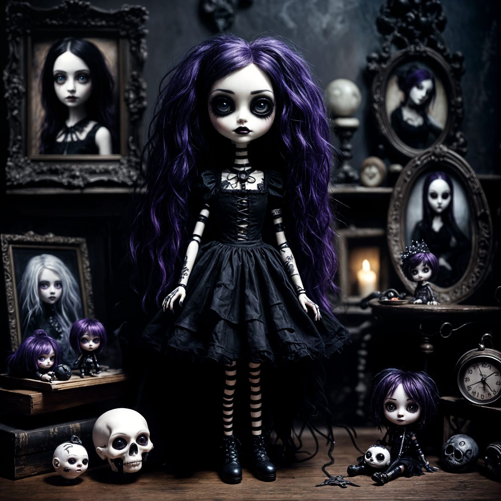 Chibi Goth Doll in Art Gallery, 3D Mixed Media