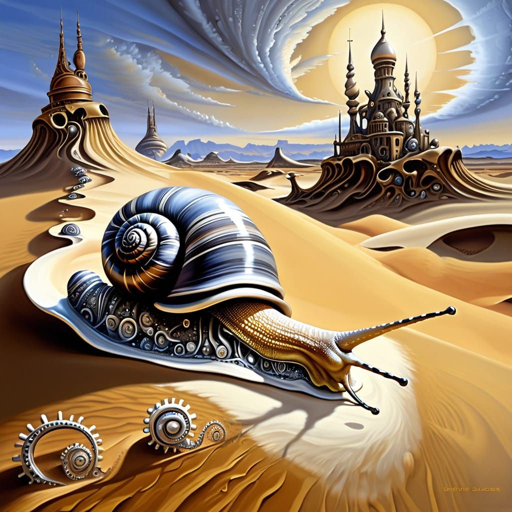 Biomechanical Snail in Surreal Desert Landscape