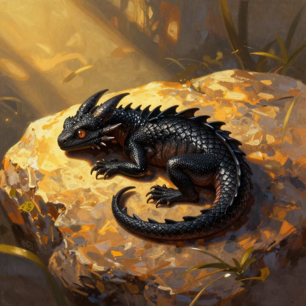 Black Dragon Hatchling Sunbathing on Rock