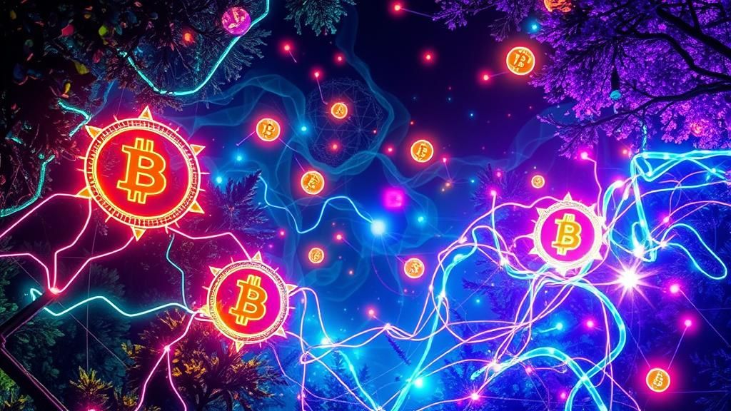 Interconnected Network with Bitcoin Symbols in Digital Art S...