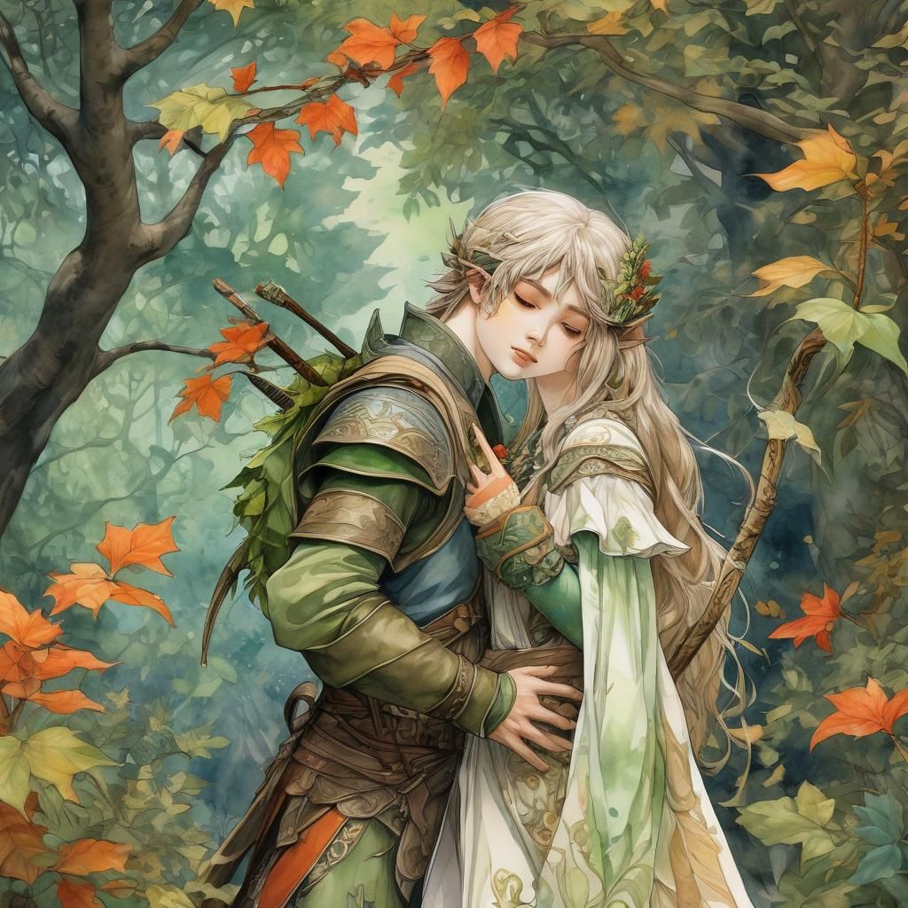 Ethereal Elf Lovers Amidst Vibrant Foliage in Watercolour St...