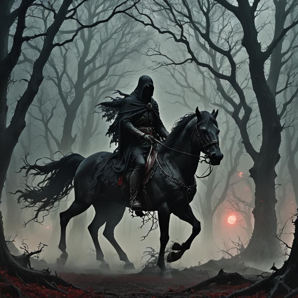 Ethereal Rider in Misty Forest, in Surreal Style