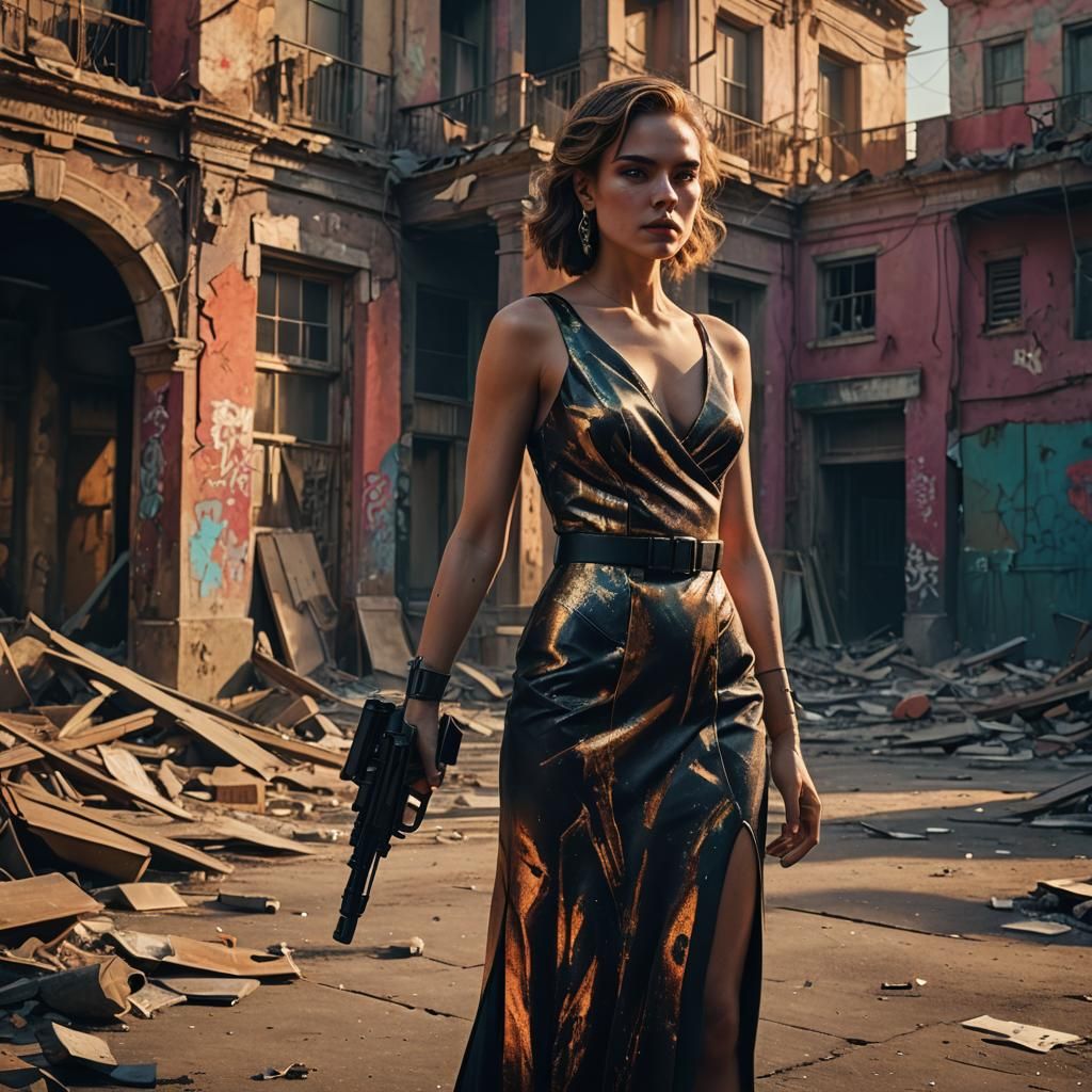 Stylish Heroine with Guns in Abandoned Street