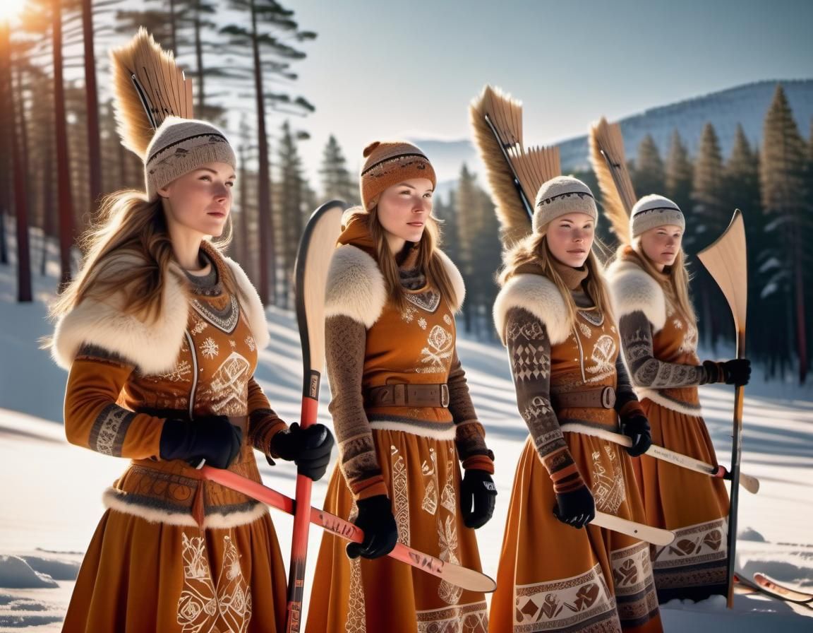 Viking Women in Winter Sports: A Surreal Masterpiece