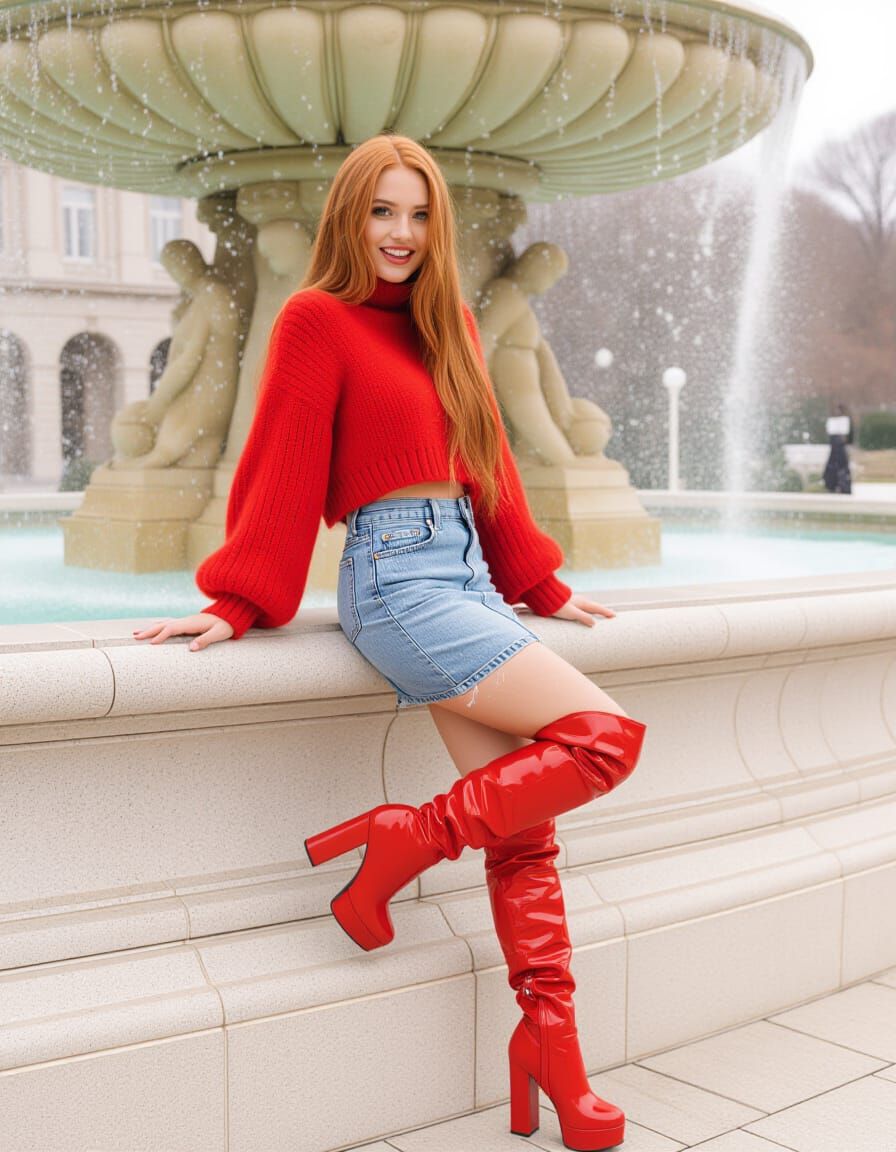 Redhead in Red by Ornate Fountain, Hyperrealistic Photo