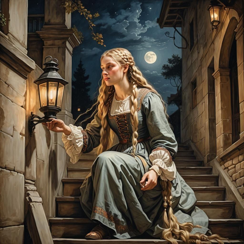 Renaissance Girl with Lantern on Staircase