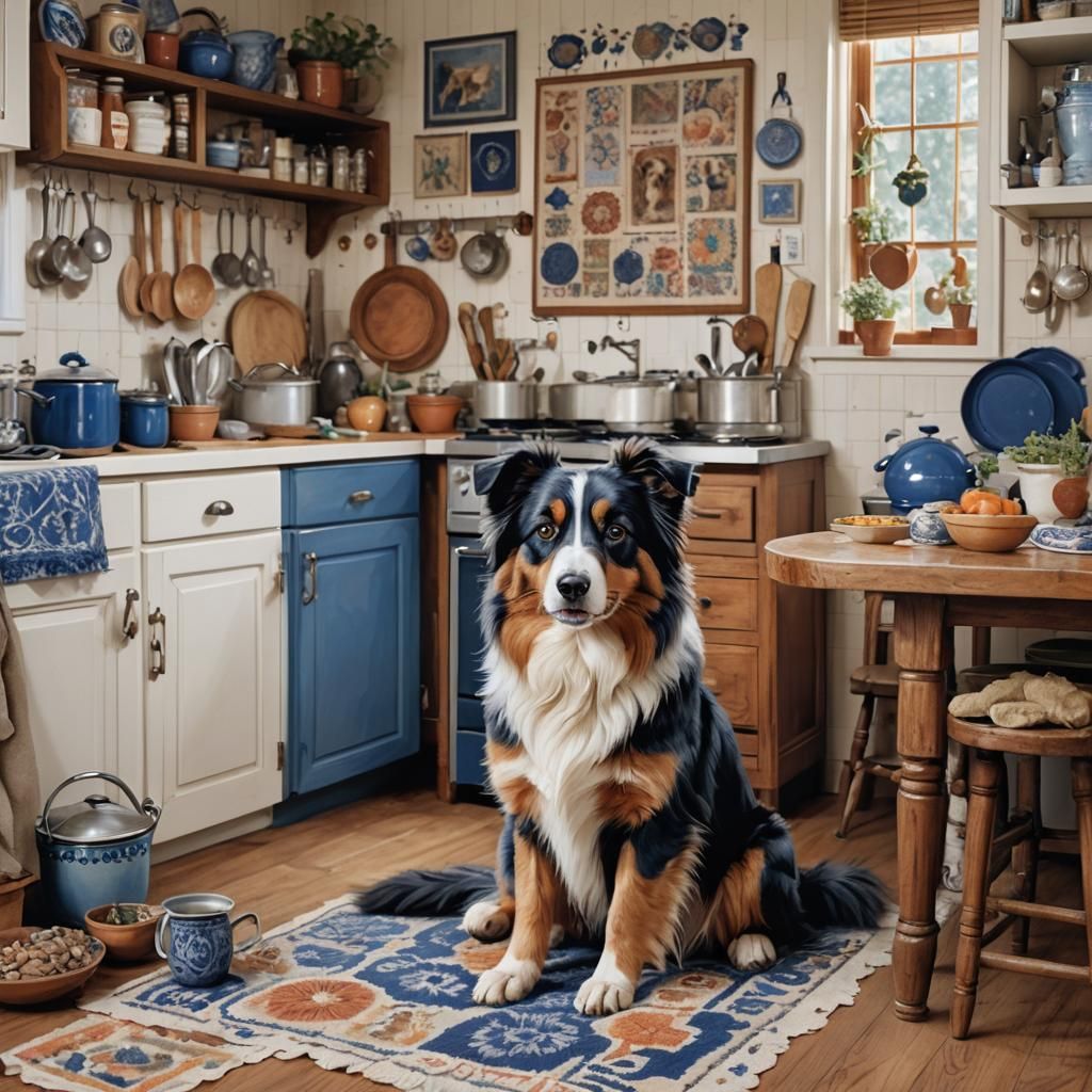 Australian Shepherd in Cozy Kitchen: Lowbrow Art