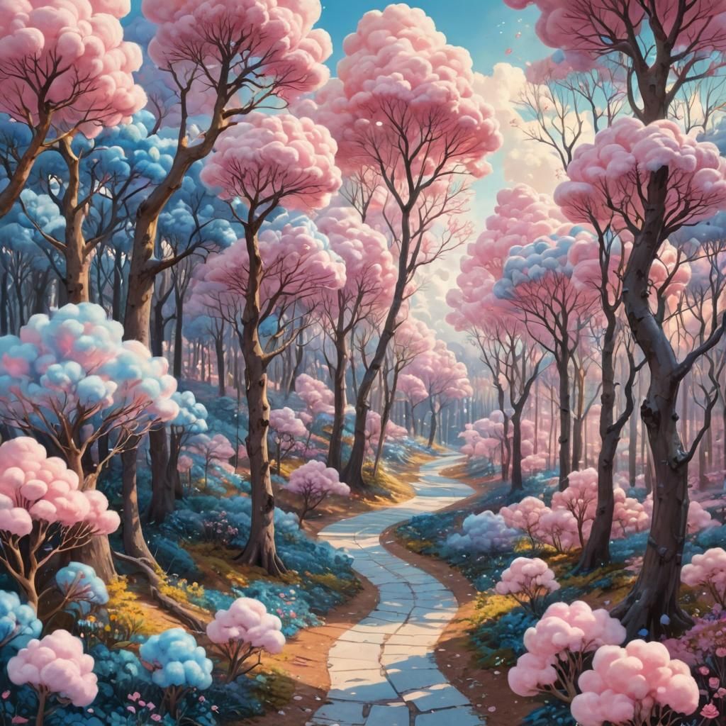 Colorful Cotton Candy Forest in Gouache Art Style