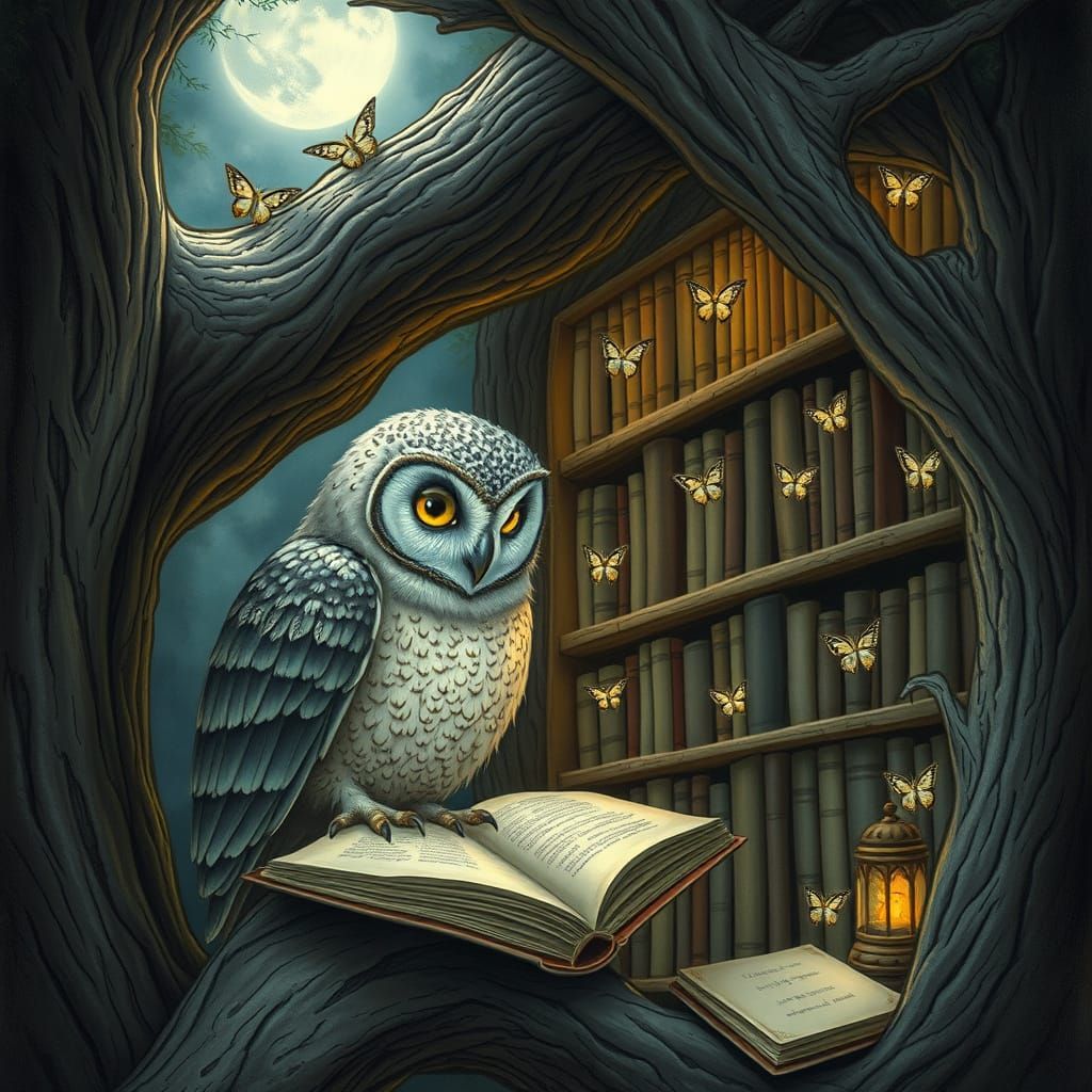 Wise Owl Catalogs Moon-Moths in Ancient Oak Library