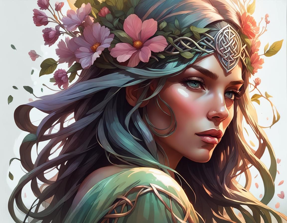 Celtic Warrior Princess Portrait with Spring Flowers