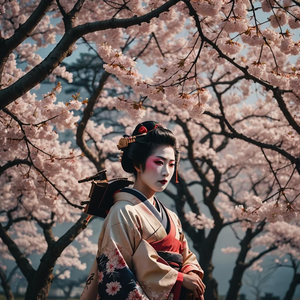 Geisha Under Cherry Tree in Ukiyo-e Style