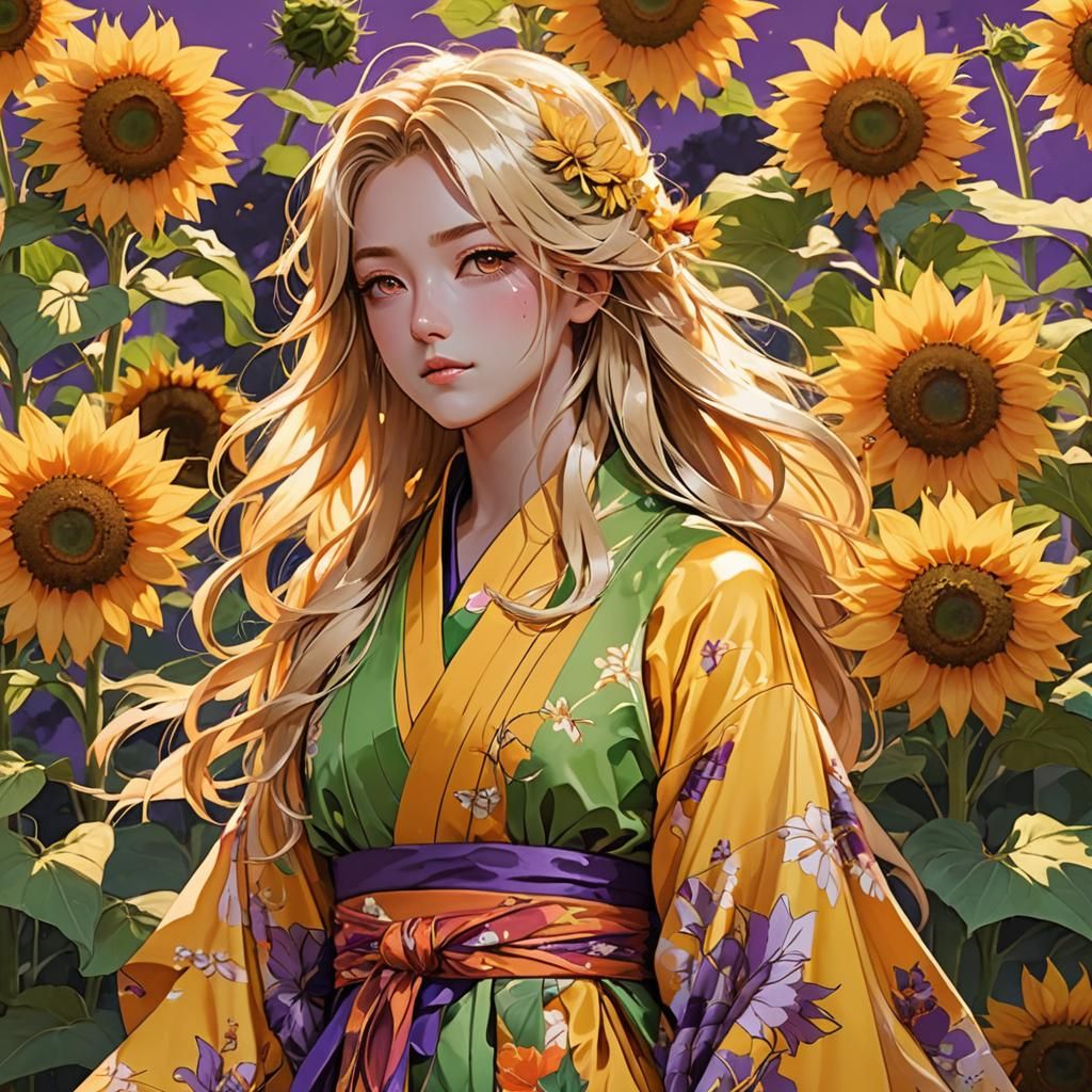 Anime Woman in Kimono with Sunflowers: Cel-Shaded Style