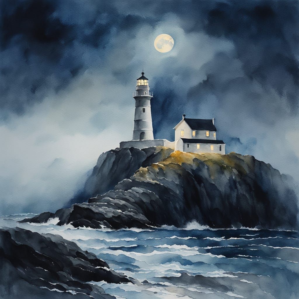 Lighthouse on Stormy Coast in Watercolor Style