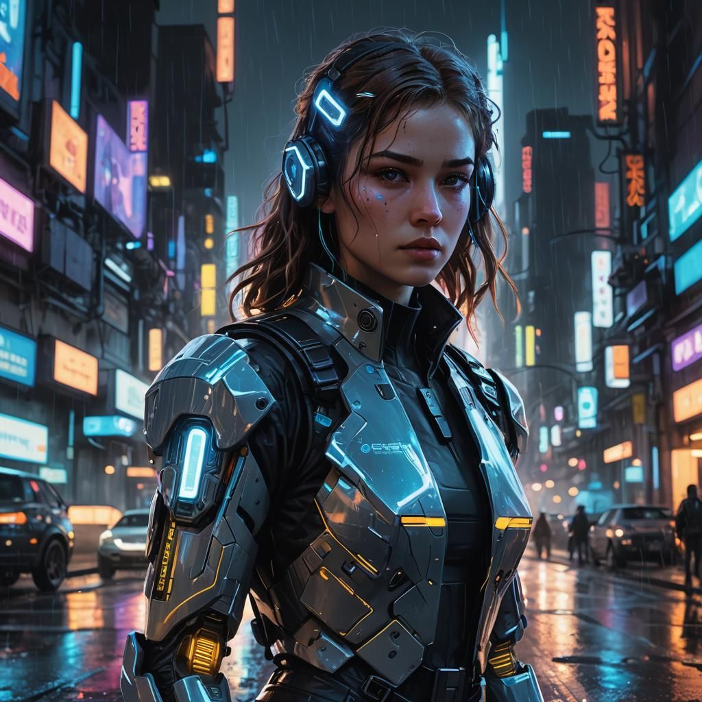 Cyberpunk Woman with Holographic Book in Rainy City