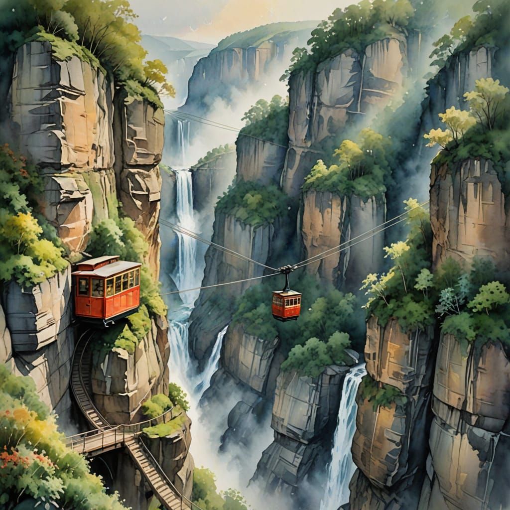 Whimsical Cable Car Above Waterfall Cliffs in Watercolor