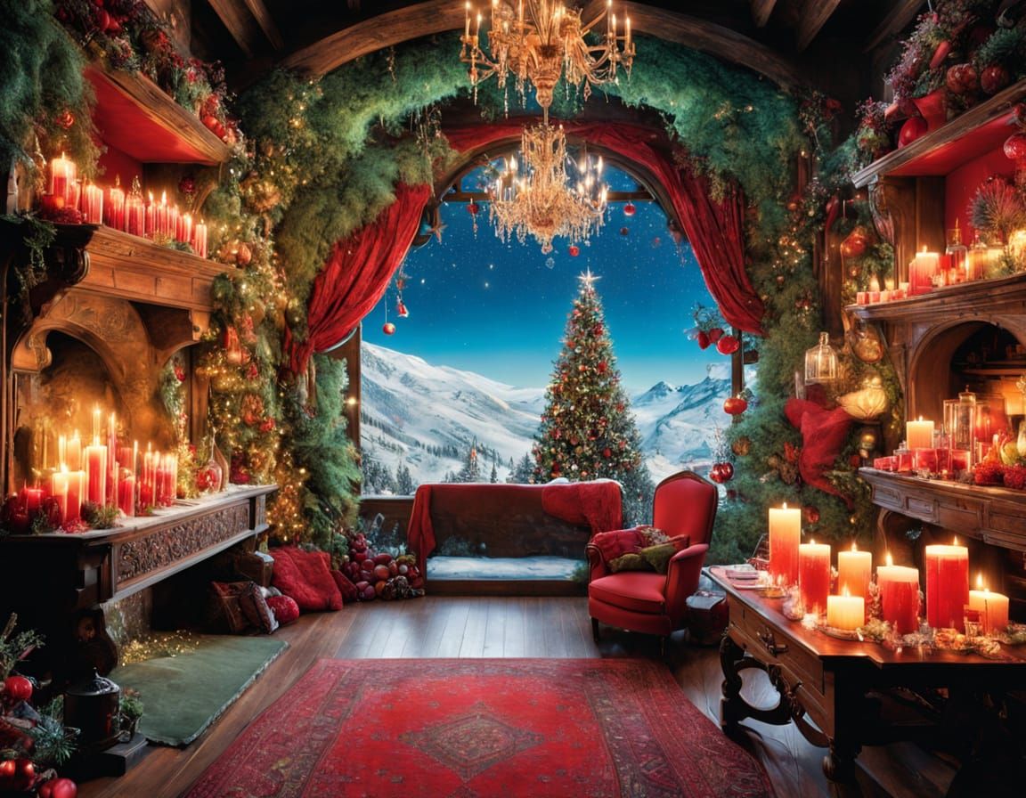 Cozy Christmas Room with Festive Snowy Landscape