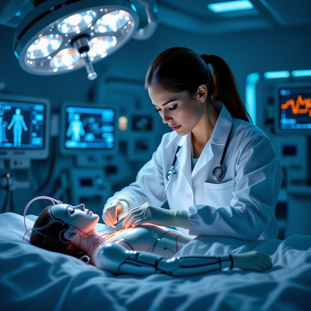 Biomechanical Surgeon Operating on Android in Cyberpunk Styl...