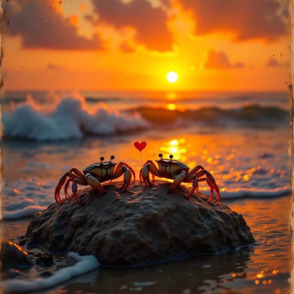 Silhouetted Crabs at Sunset on the Beach