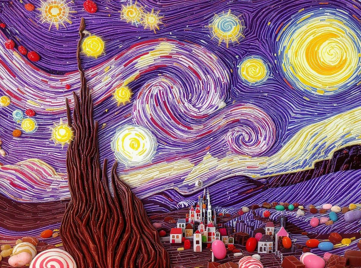 Starry Night Reimagined in Whimsical Candyland Art Style