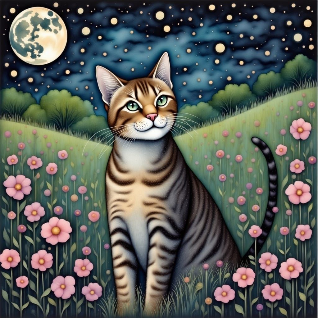 Whimsical Tabby Cat Under Full Moon