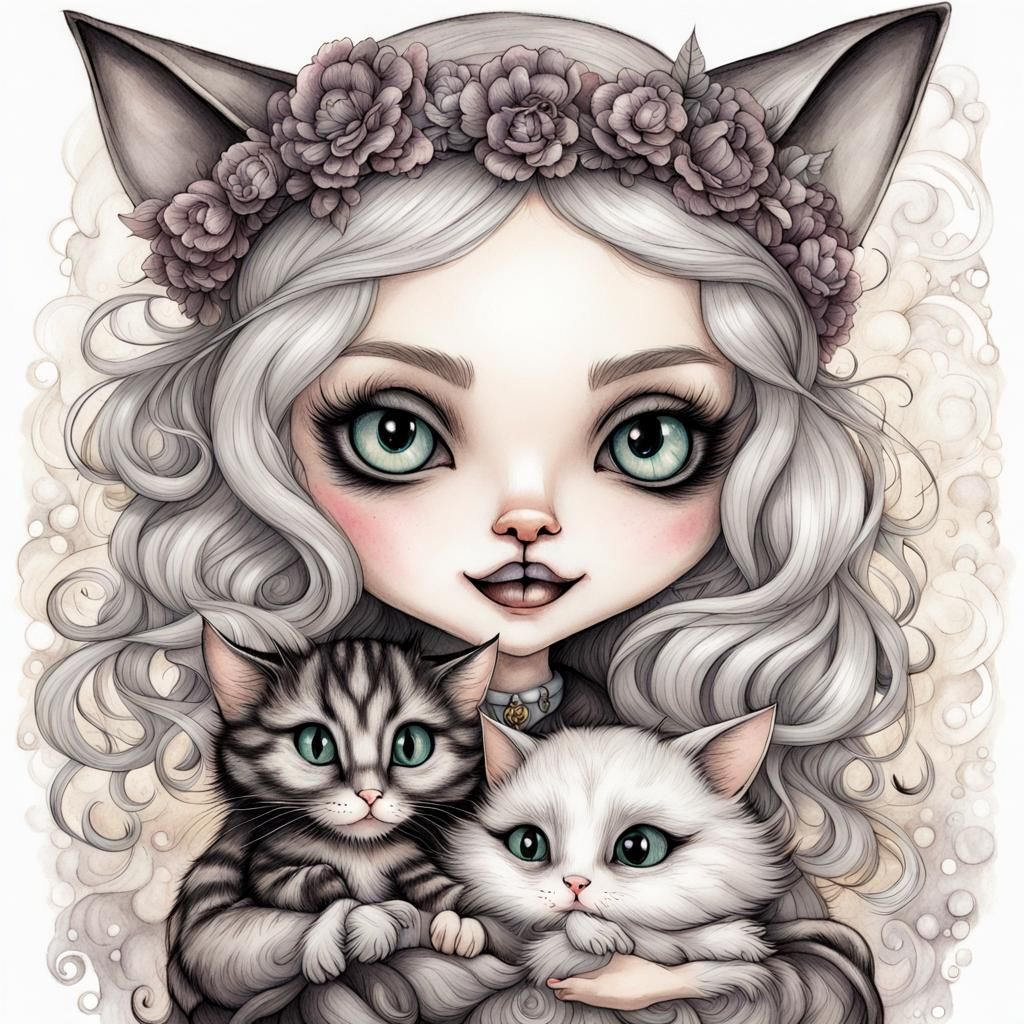 Cute Catgirl in European Ink Illustration Style