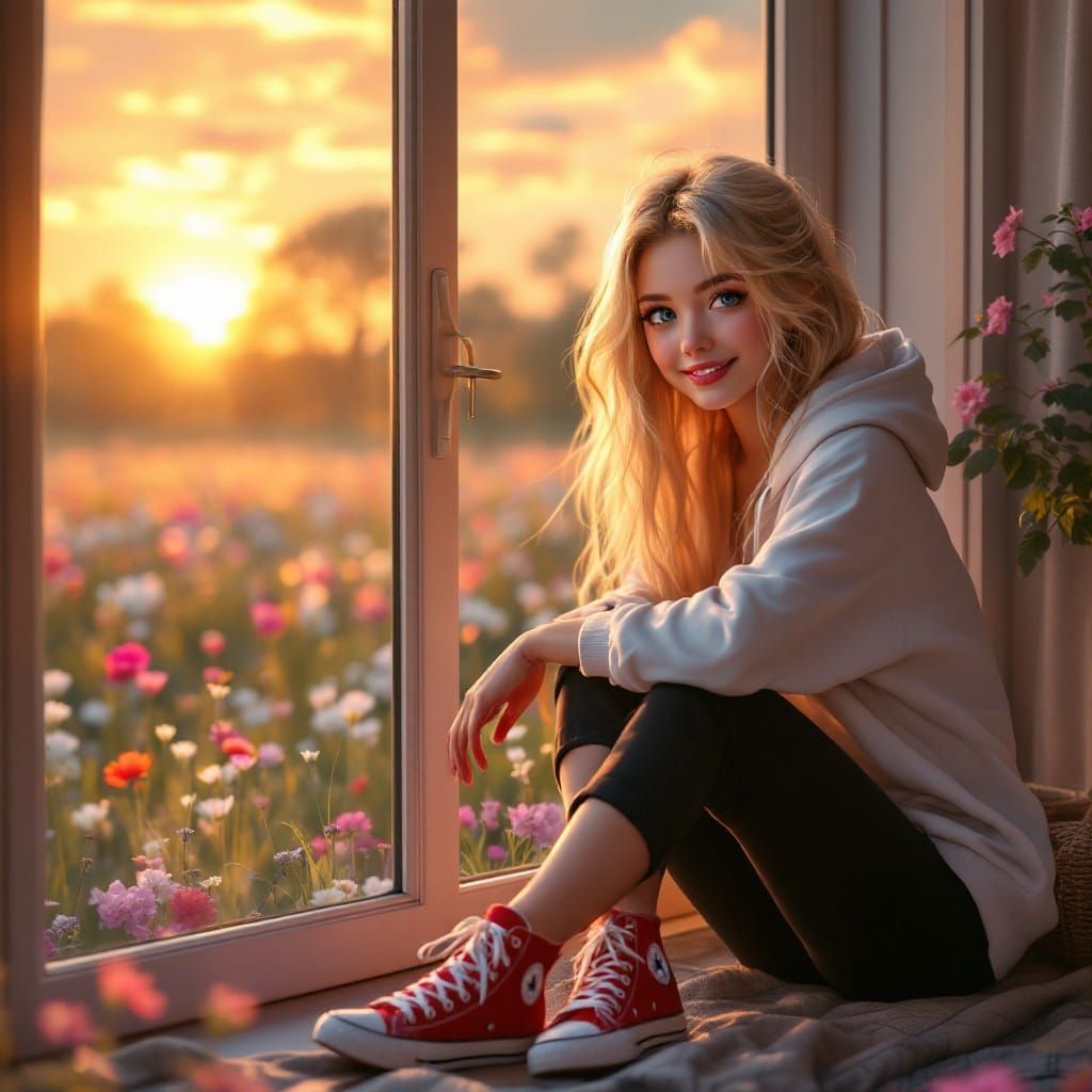 Blossoming Sunset Goddess with Vibrant Anime-Inspired Style