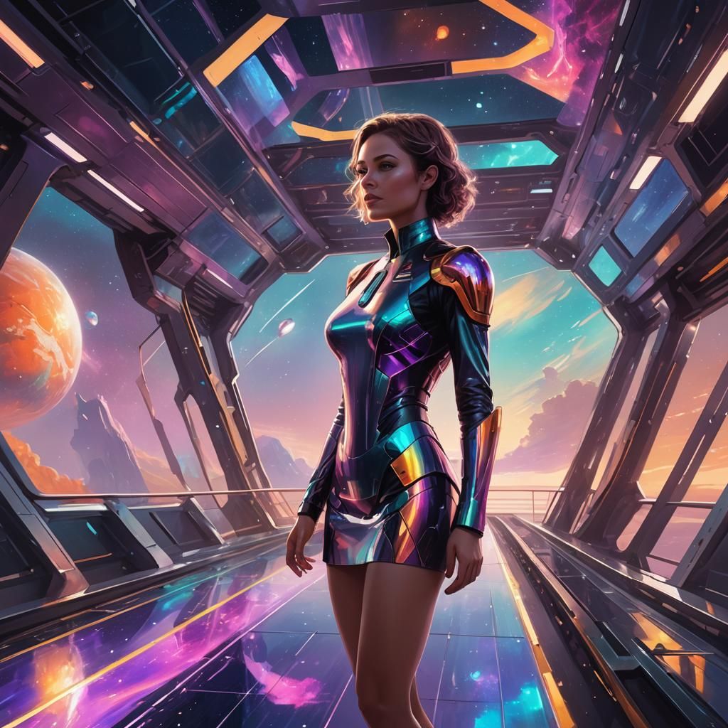 Woman Gazing at Cosmic View on Starship Bridge