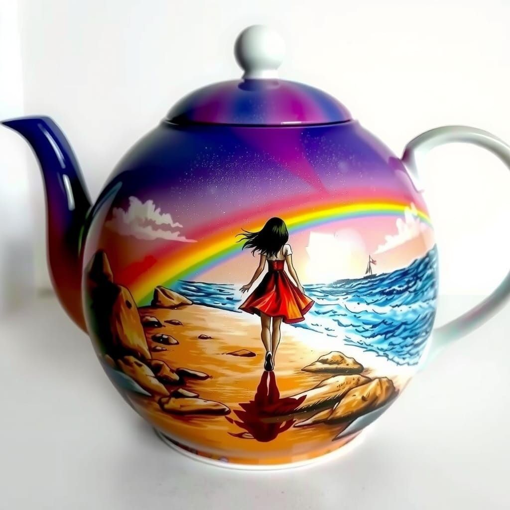 Couple Walks Rainbow Bridge in Airbrush Art Style