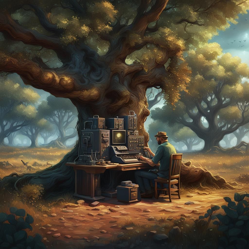 Man Under Tree Operates Amateur Radio